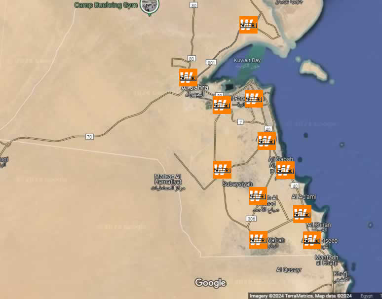 خريطة الكويت مع نقاط تواجد بدالة ونشات الكويت
